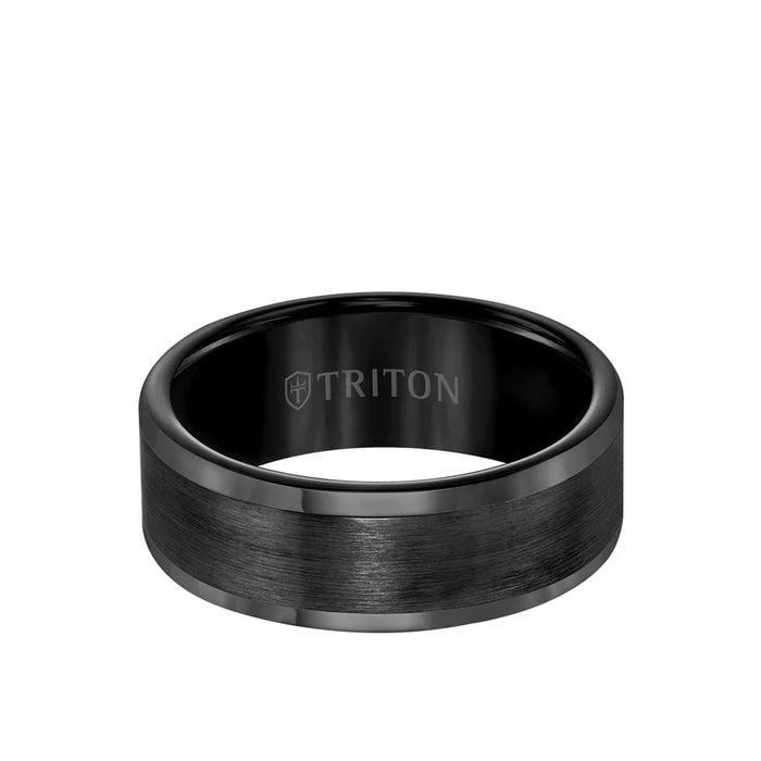 Triton Men's 8MM Black Tungsten Carbide Satin Finish Flat Center and Round Edge Ring