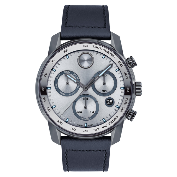 Movado Bold Verso Grey Chronograph Dial and Blue Leather Strap Watch