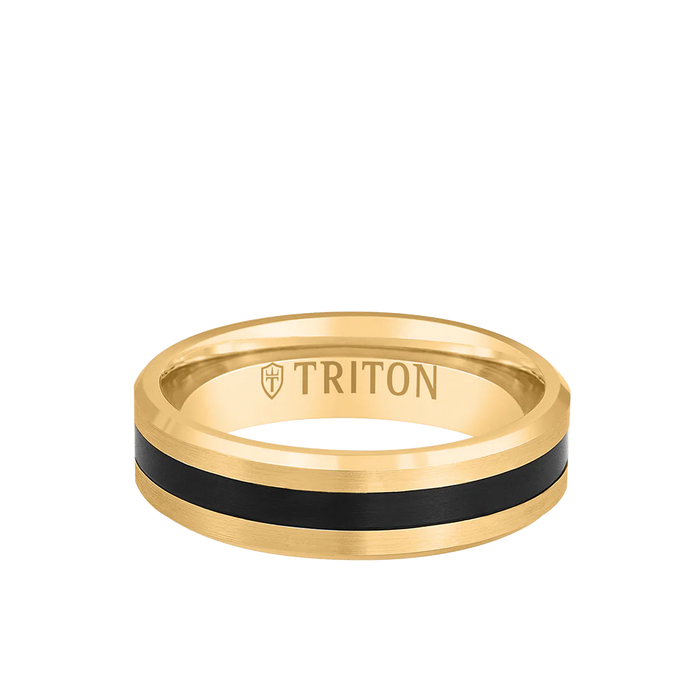 Triton Men's 6MM 14k Gold Black Titanium Thin Flat Inlay with Bevel Edge Ring