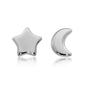 Sterling Silver Flat Star and Moon Stud Earrings