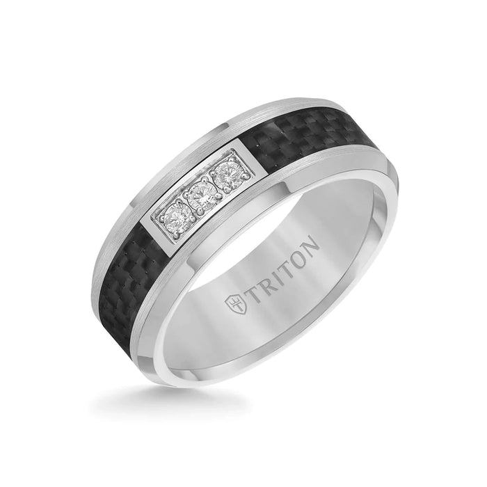 Triton Men's 8MM Three Stone Diamond Black Carbon Fiber Ring