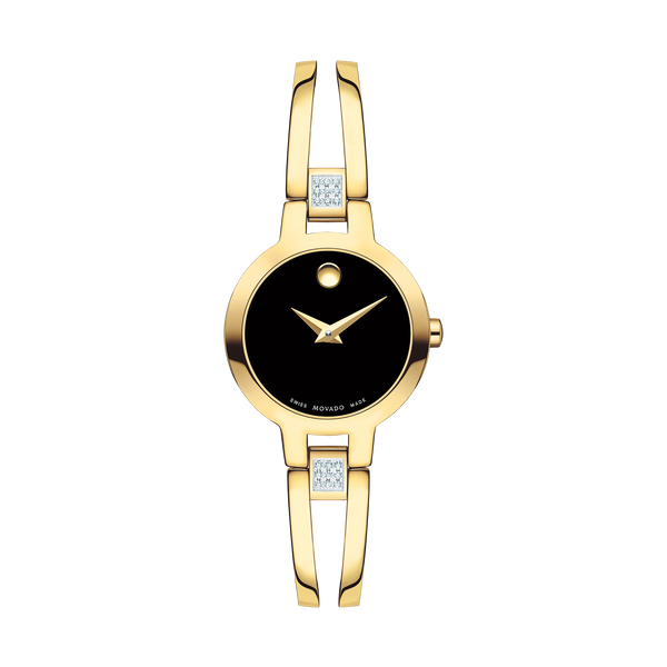 Movado Amoroso Black Museum Dial and Gold Bangle Bracelet Watch