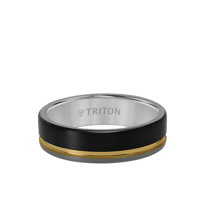 Triton Men's 6.5MM Black, Gold and Grey Tungsten Carbide Ring With Brushed Finish
