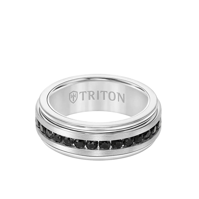 Triton Men's 8MM Tungsten White and Channel Set Black Sapphire Carbide Ring