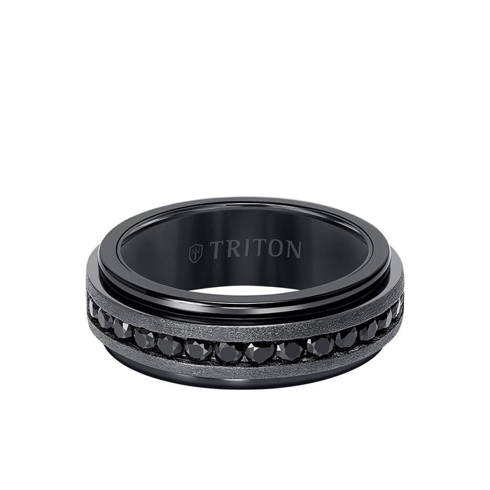 Triton Men's 8MM Tungsten Black and Channel Set Black Sapphire Carbide Ring