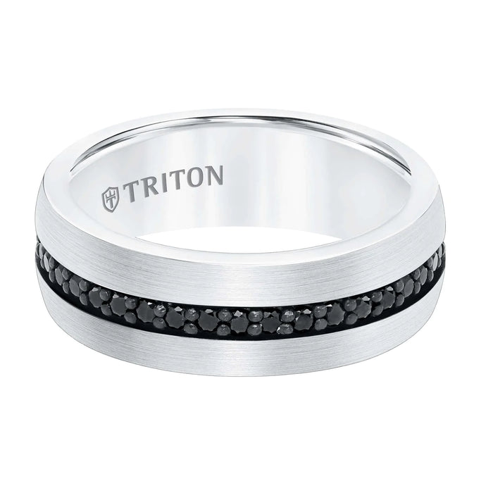 Triton Men's 8MM Tungsten Sapphire and White Satin and Bevel Edge Eternity Ring
