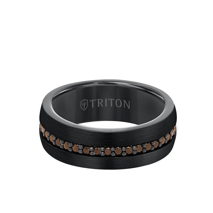 Triton Men's 8MM Tungsten Black and Grey and Sapphire Satin and Bevel Edge Eternity Ring