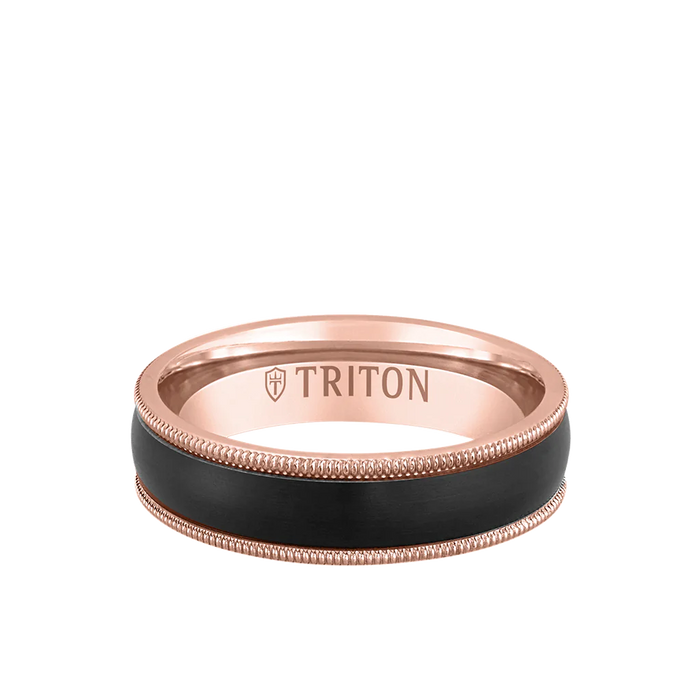 Triton Men's 6MM 14k Rose Gold Black Titanium Inlay with Milgrain Edge Ring