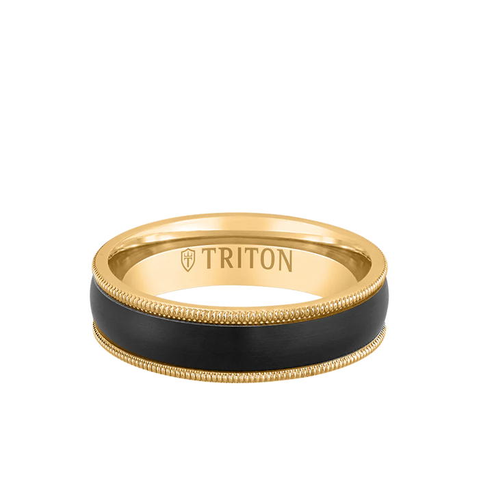 Triton Men's 6MM 14k Yellow Gold and Black Titanium Inlay With Milgrain Edge Ring