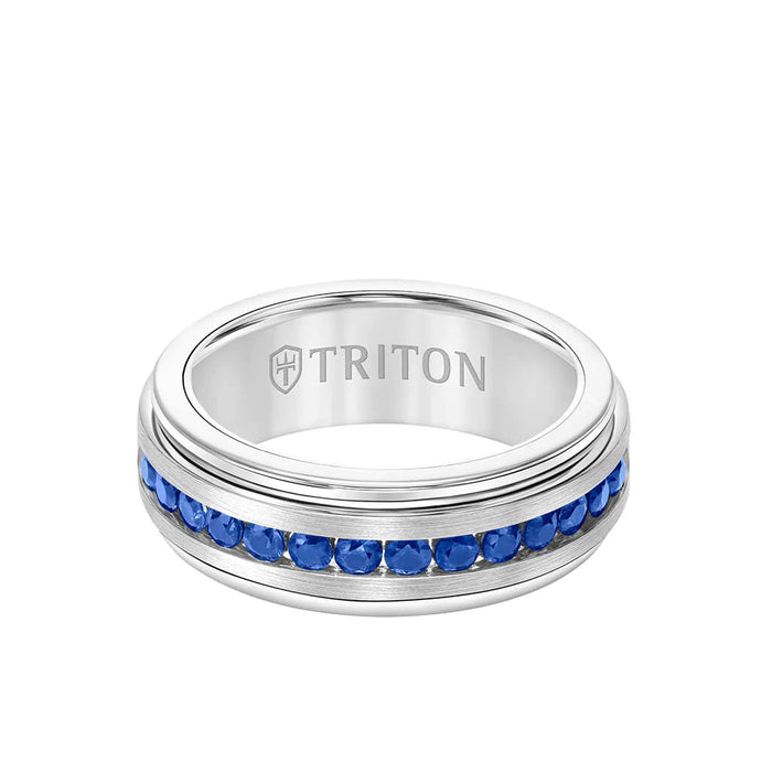 Triton Men's 8MM Tungsten Channel Set Blue Sapphire Carbide Ring