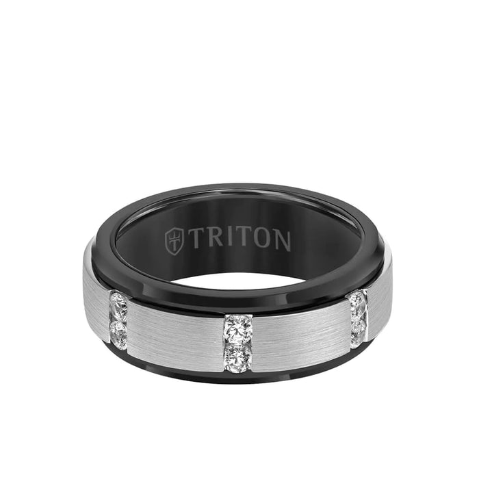 Triton Men's 8MM Black and Silver Vertical Channel Set Tungsten Diamond Ring