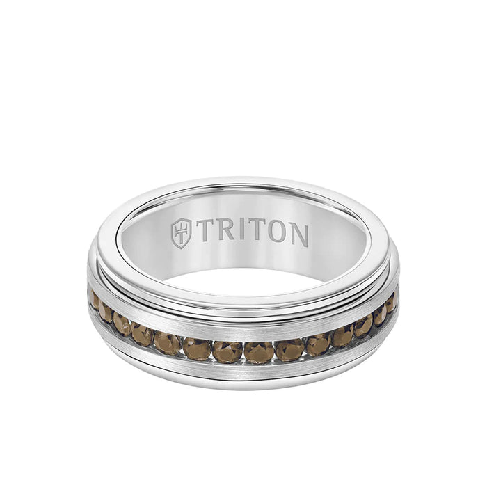 Triton Men's 8MM Tungsten White and Smokey Quartz Carbide Ring