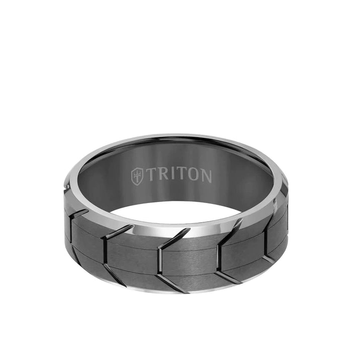 Triton Men's 8MM Tungsten Carbide Gunmetal Tire Tread Center Bevel Edge Ring