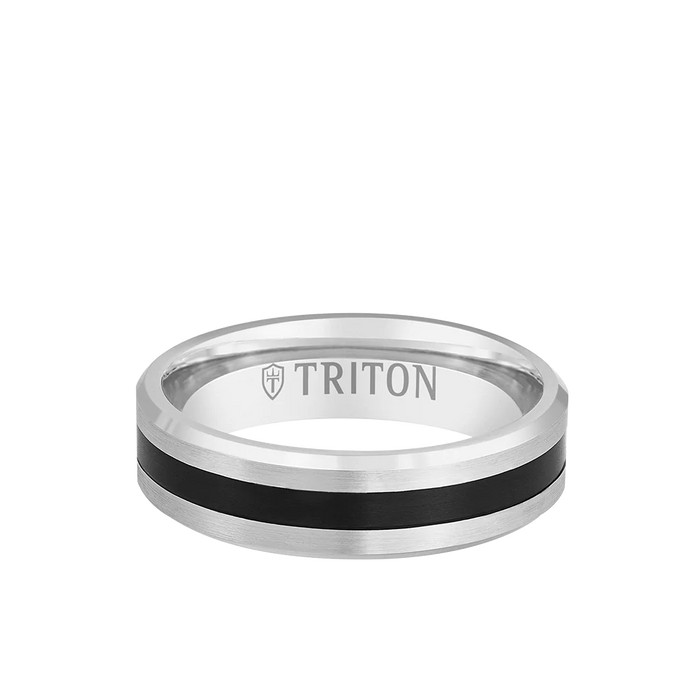 Triton Men's 6MM 14k White Gold Black Titanium Thin Flat Inlay Bevel Edge Ring