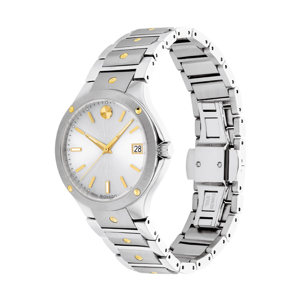 Movado SE Silver Toned Metallic Dial and Stainless Steel and Yellow Accent Watch