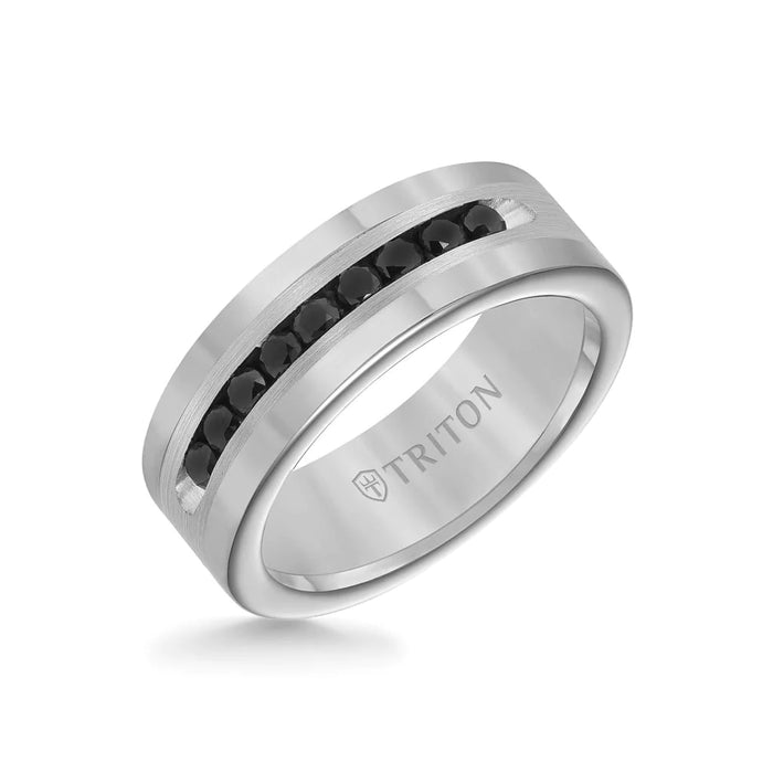 Triton Men's 8MM Black Diamond and Silver Satin Round Edge Ring