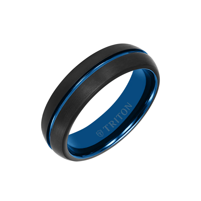 Triton Men's 6.5MM Tungsten Carbide Two-Tone Black and Blue Brushed Finish Ring