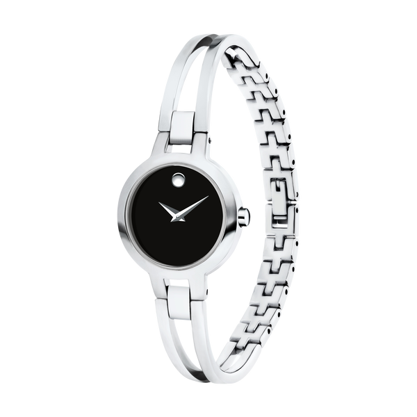 Movado Amorosa Black Museum Dial and Stainless Steel Bangle Bracelet Watch