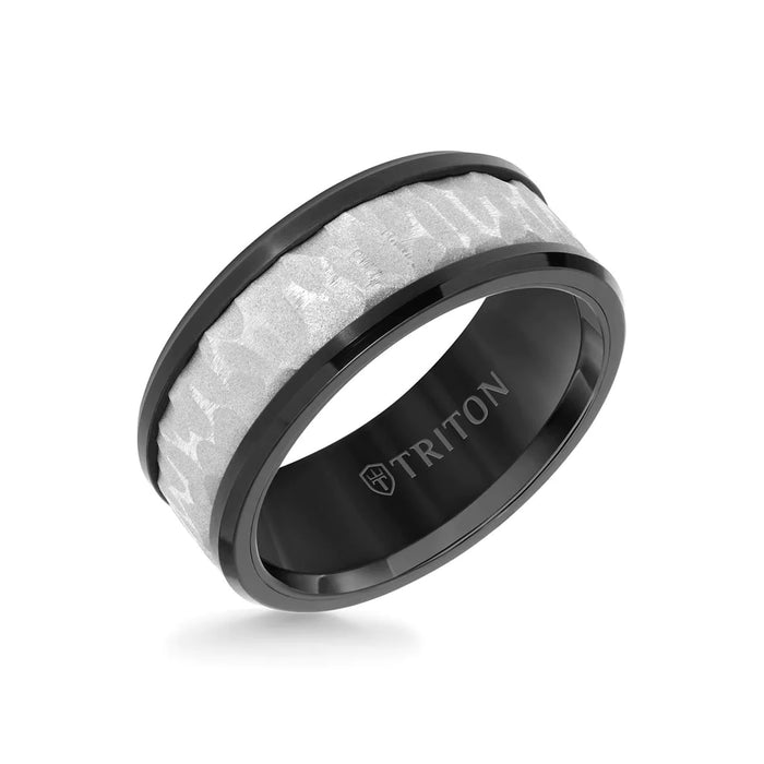 Triton Men's 9mm Tungsten Carbide Sandblasted Distressed Center Ring