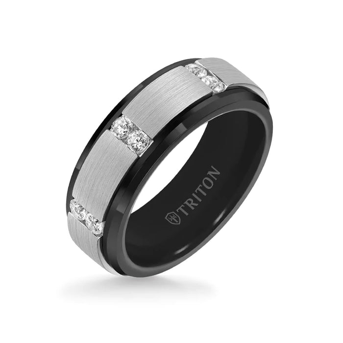 Triton Men's 8MM Black and Silver Vertical Channel Set Tungsten Diamond Ring