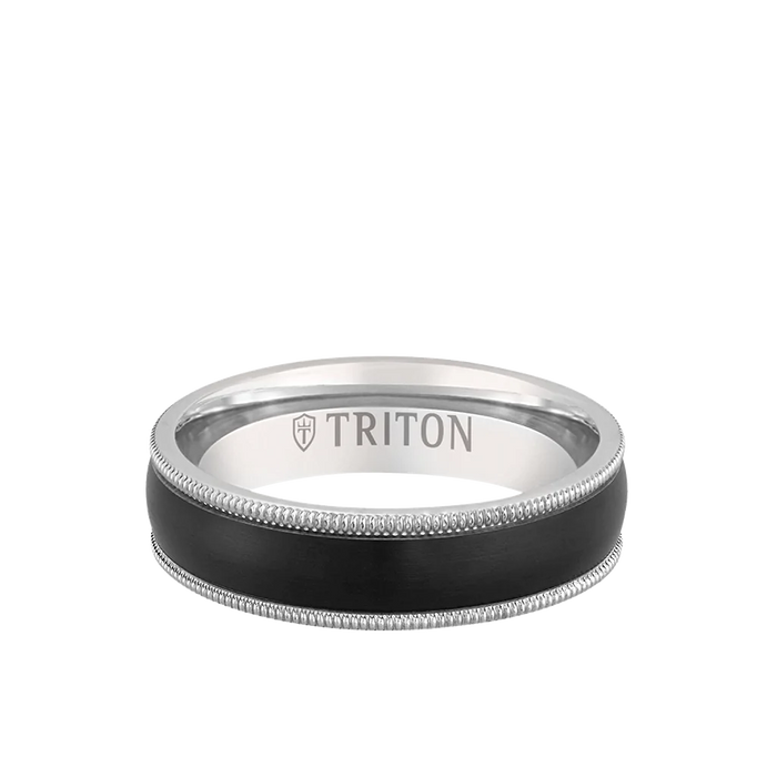 Triton Men's 6MM 14k White Gold and Black Titanium Inlay With Milgrain Edge Ring