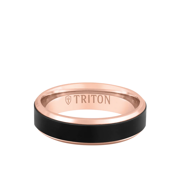 Triton Men's 6MM 14k Rose Gold Ring and Black Titanium Wide Inlay and Bevel Edge Ring
