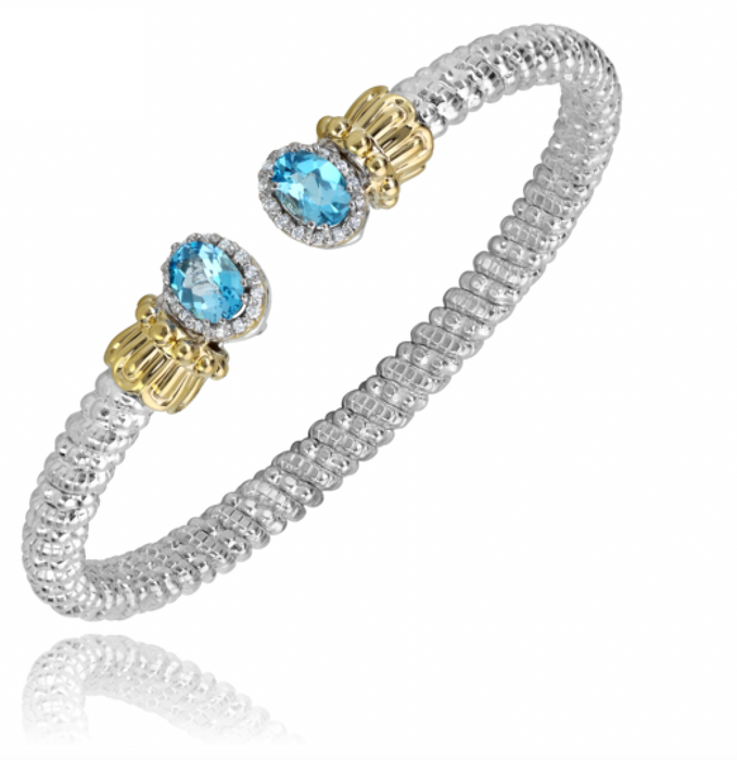 Sterling Silver and 14k Yellow Gold with Blue Topaz and Diamond Cuff Bracelet