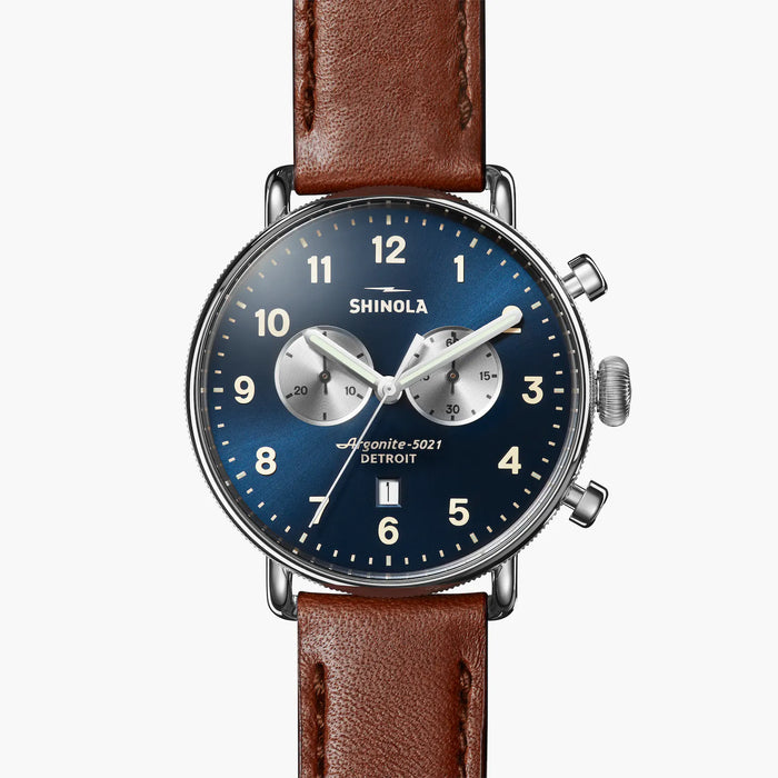 Shinola Canfield Chrono 43MM Dark Cognac Leather Band and Blue Dial Watch