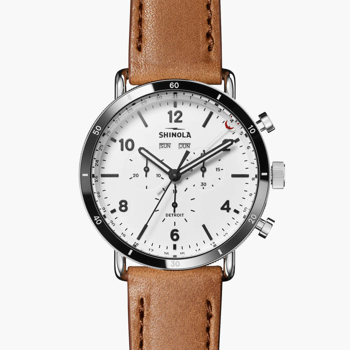 Shinola Canfield Sport 45MM White Matte Dial and Bourbon Leather Strap Watch