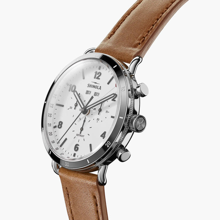 Shinola Canfield Sport 45MM White Matte Dial and Bourbon Leather Strap Watch