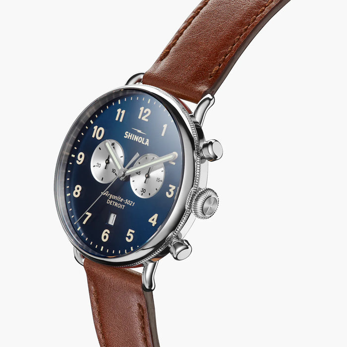 Shinola Canfield Chrono 43MM Dark Cognac Leather Band and Blue Dial Watch