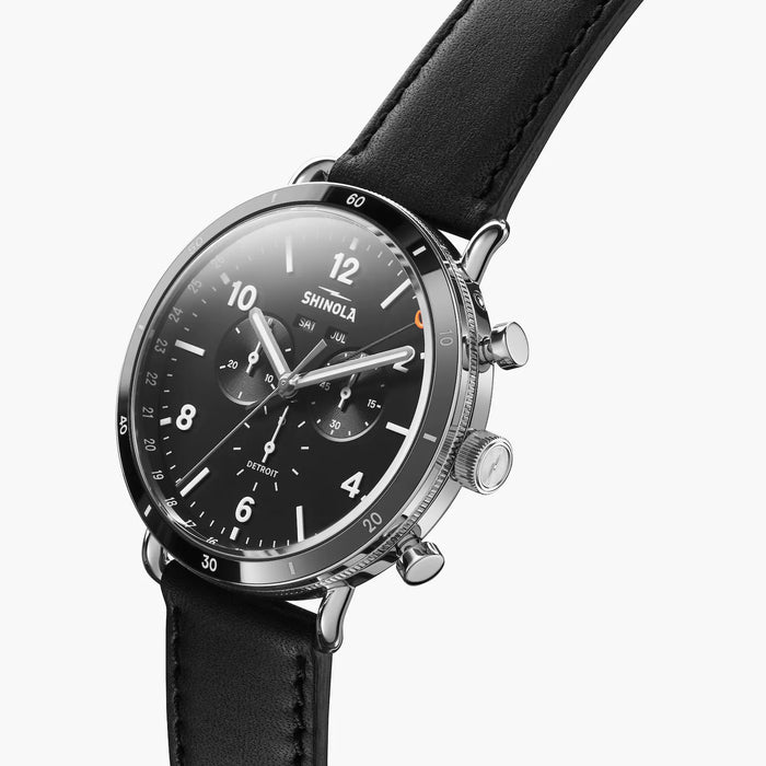 Shinola Canfield Sport 45mm Black Dial and Black Leather Band Watch